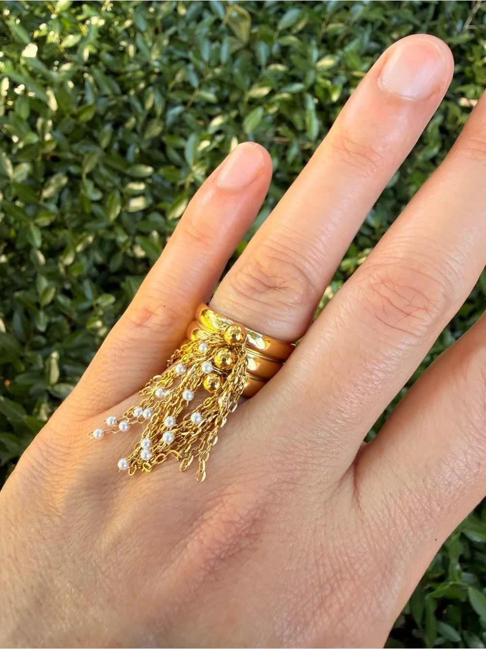 Gold Tassel Chain Ring with Pearl Accents